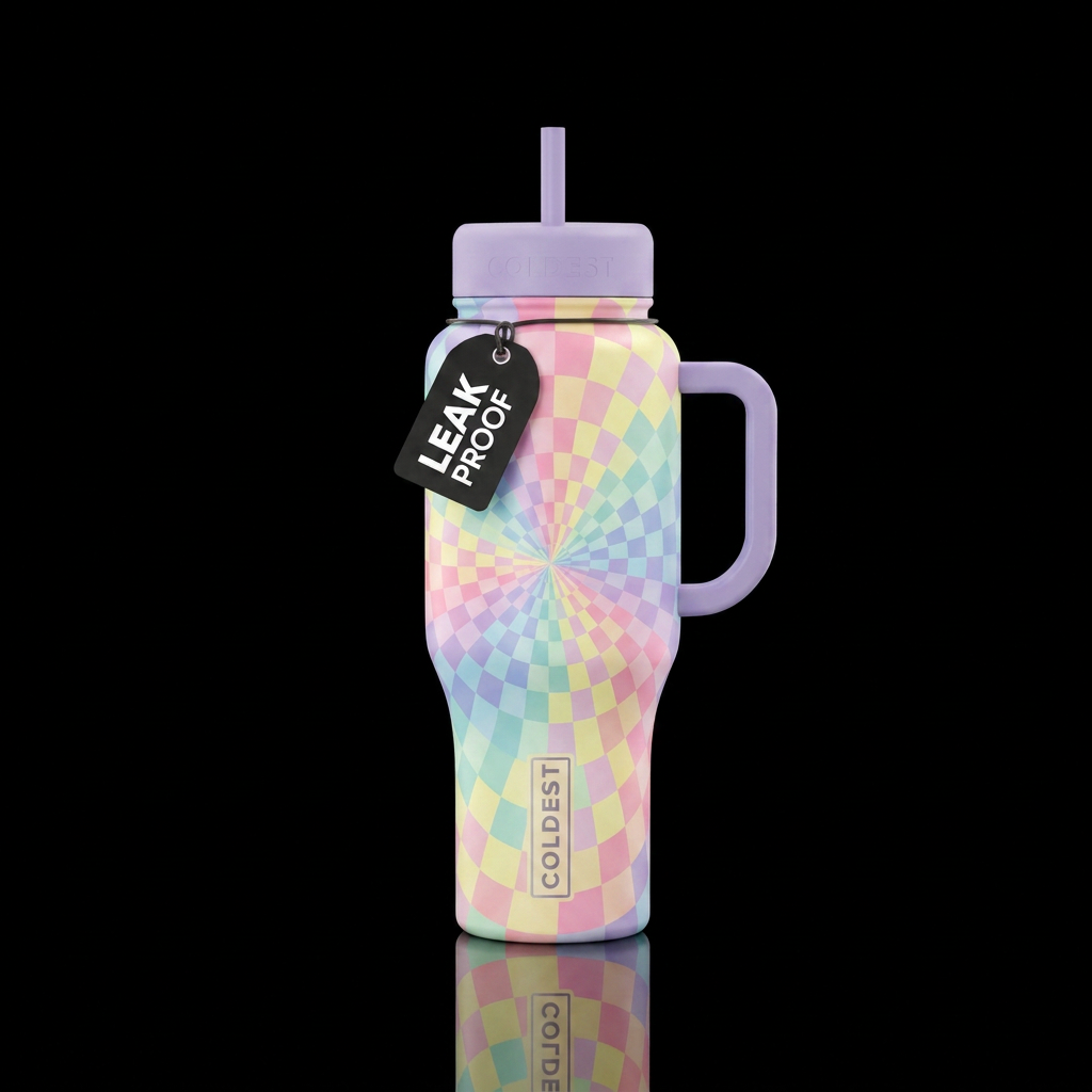 Checkered, spiral, rainbow, pastel water bottle design