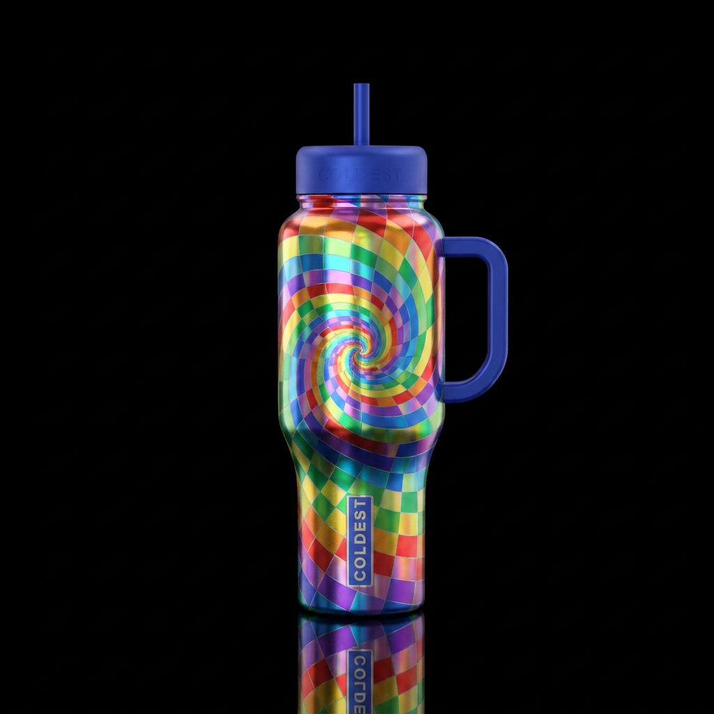 Checkered, rainbow, metallic, spiral water bottle design