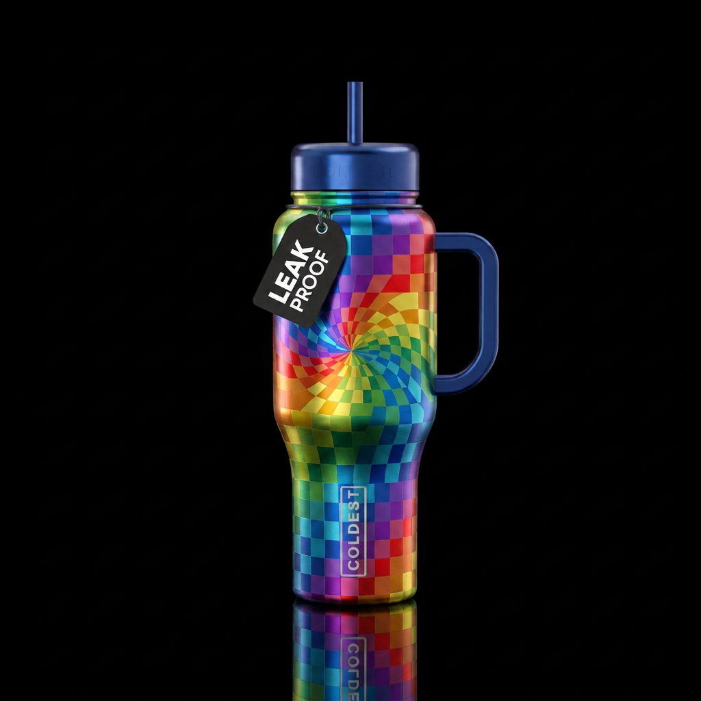 Checkered, rainbow, metallic, spiral water bottle design