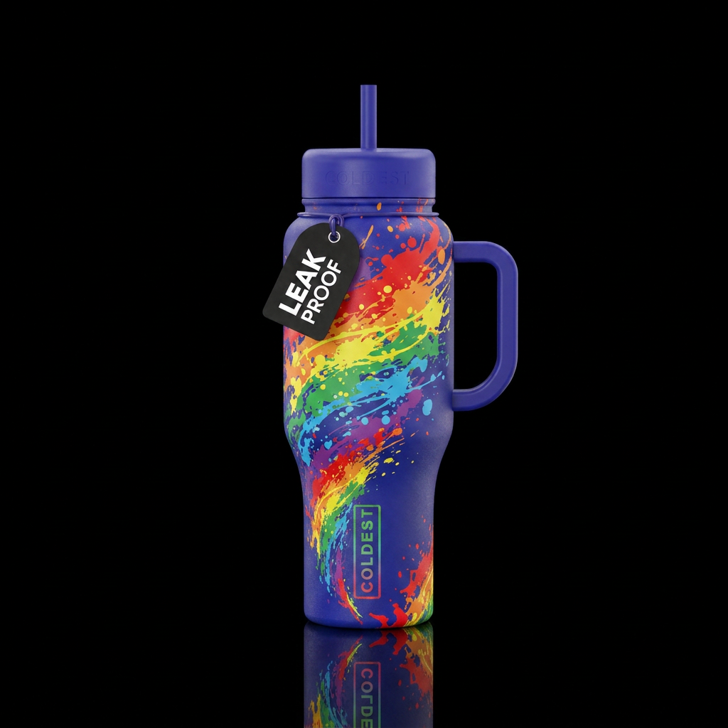 Rainbow paint splatter in a tornado water bottle design