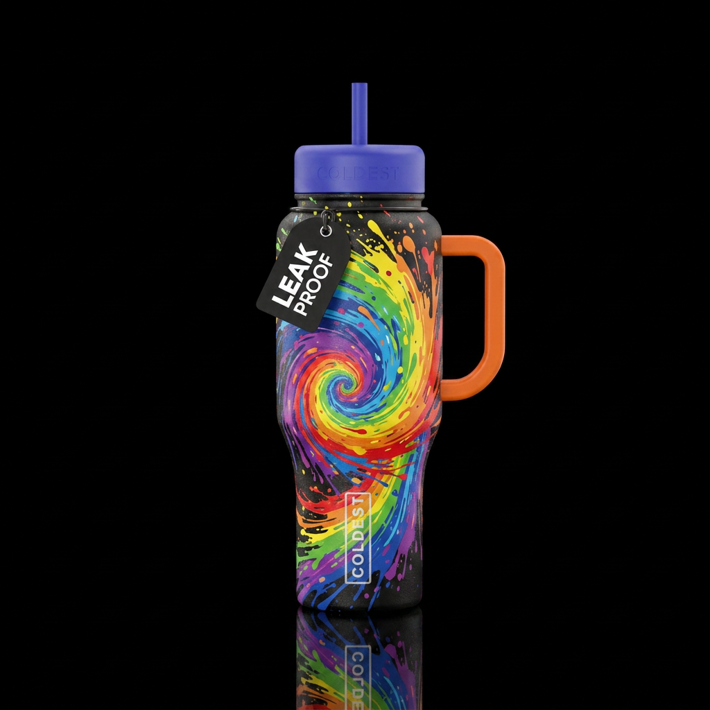 Rainbow paint splatter in a tornado water bottle design