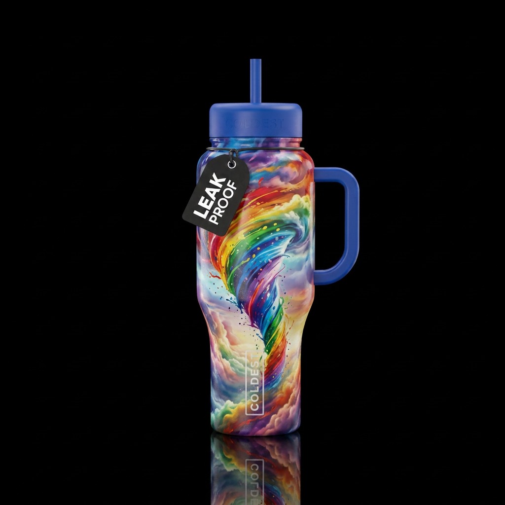 Rainbow paint splatter, tornado, clouds water bottle design