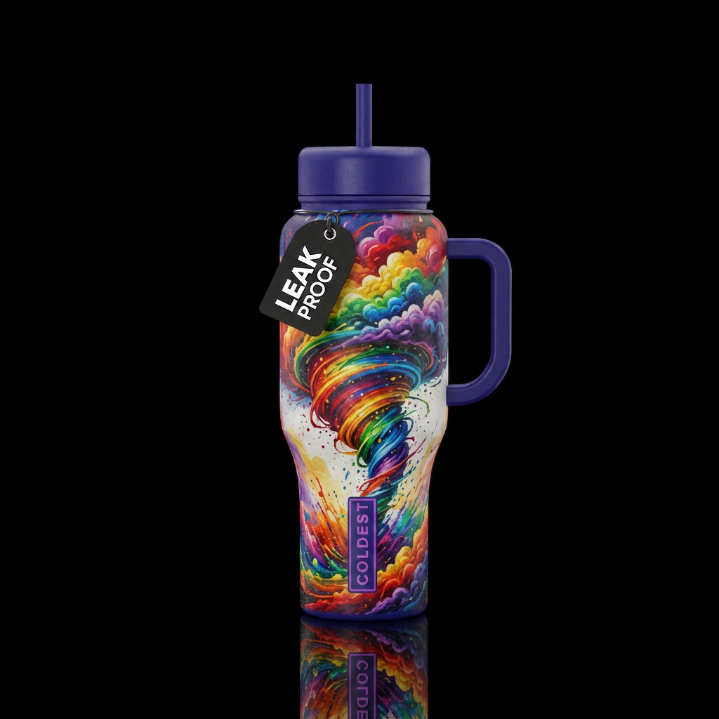 Rainbow paint splatter, tornado, clouds water bottle design