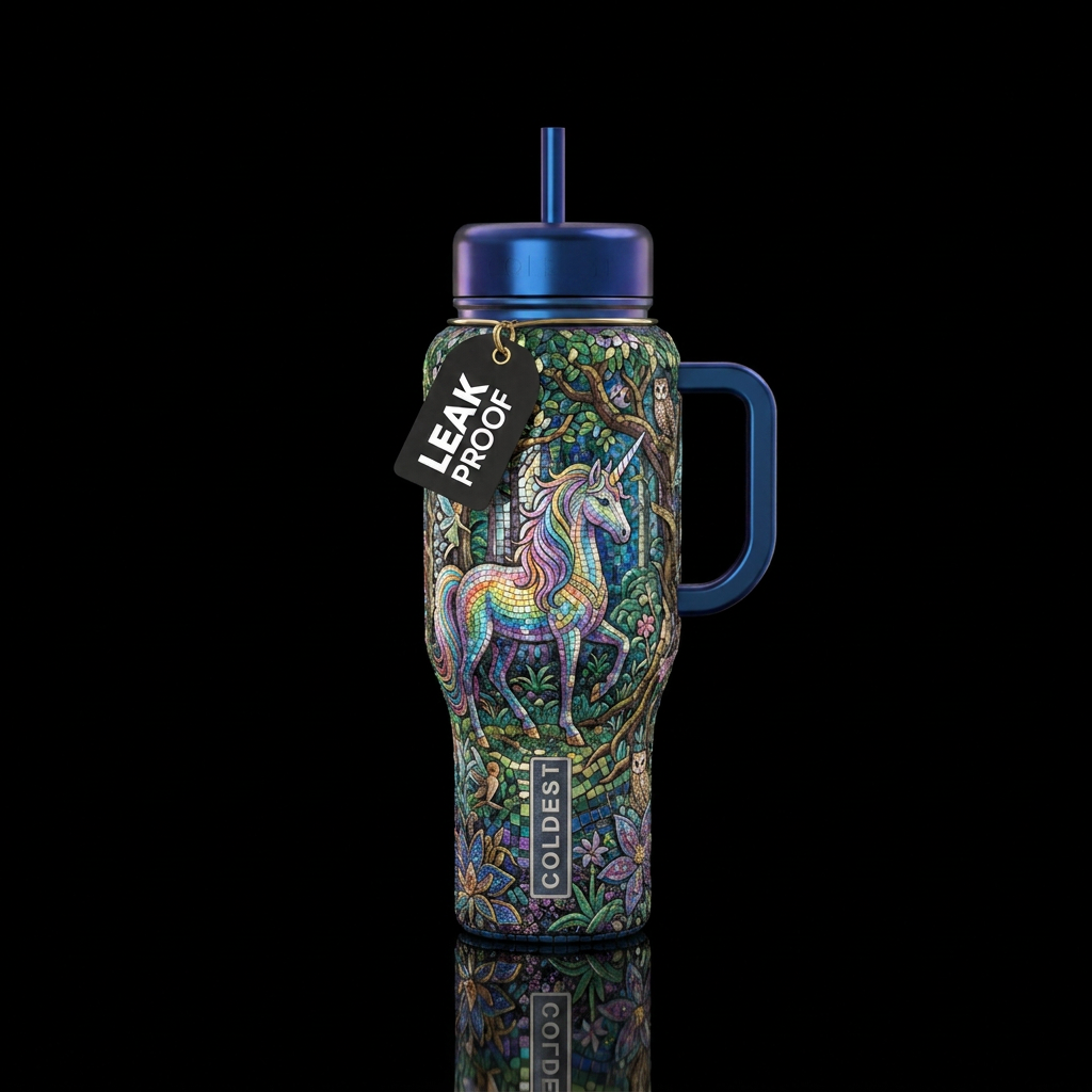 Mosaic regal rainbow unicorn in enchanted forest water bottle design