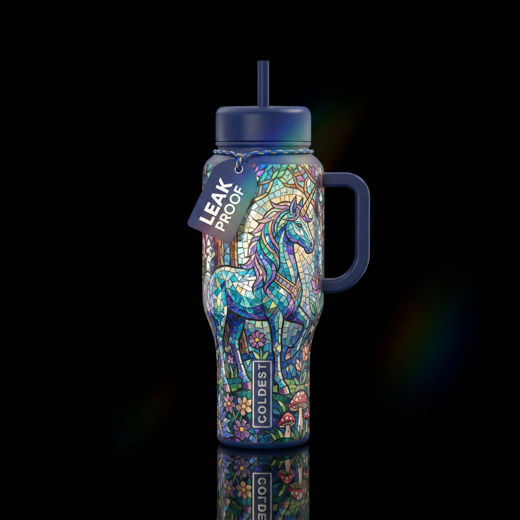 Mosaic regal rainbow unicorn in enchanted forest water bottle design