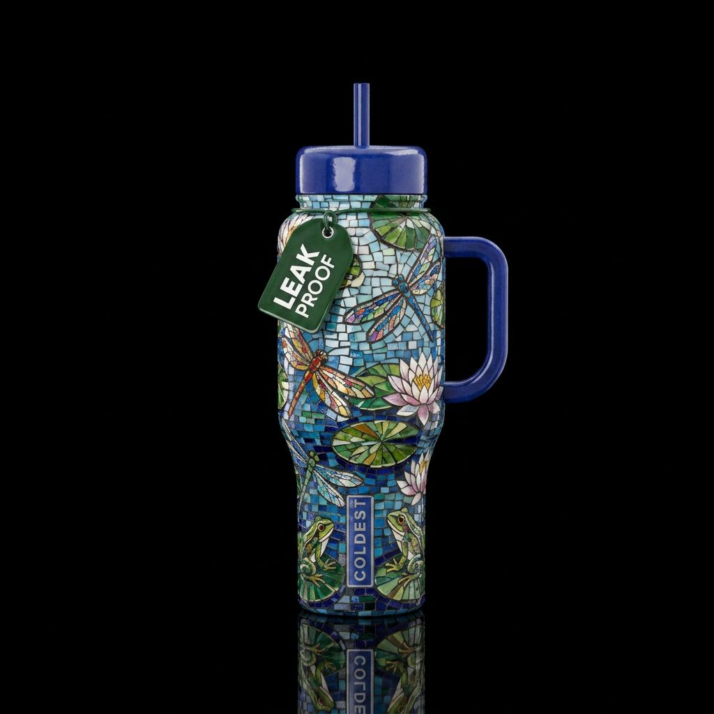 Mosaic pond with water lillies, dragon flies, frog... water bottle design