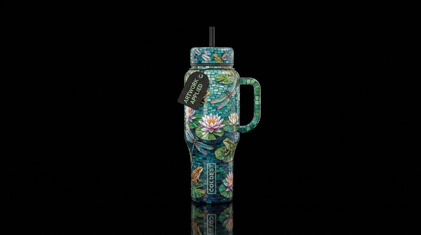 Mosaic pond with water lillies, dragon flies, frog... water bottle design