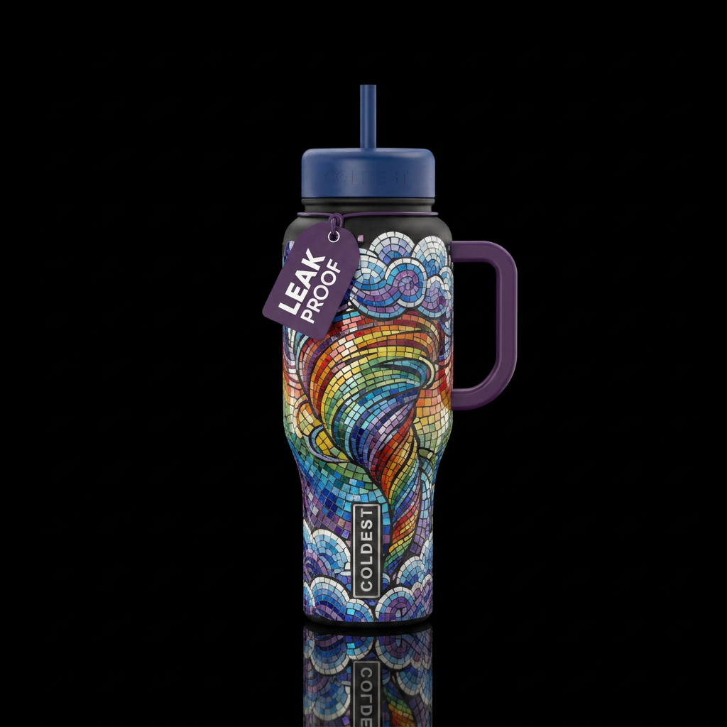 Mosaic rainbow tornado with clouds water bottle design