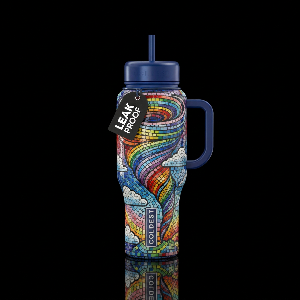 Mosaic rainbow tornado with clouds water bottle design