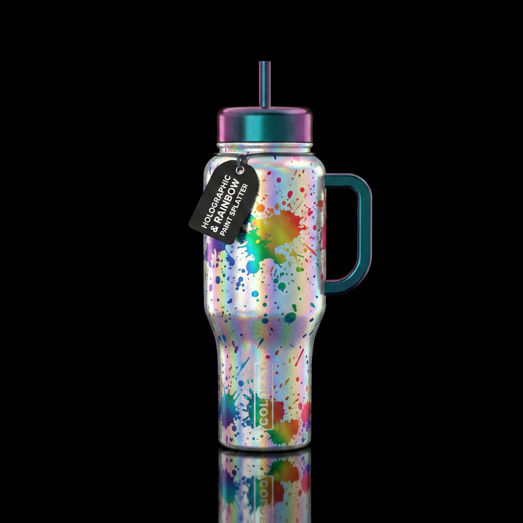 Rainbow paint splatter, holographic water bottle design