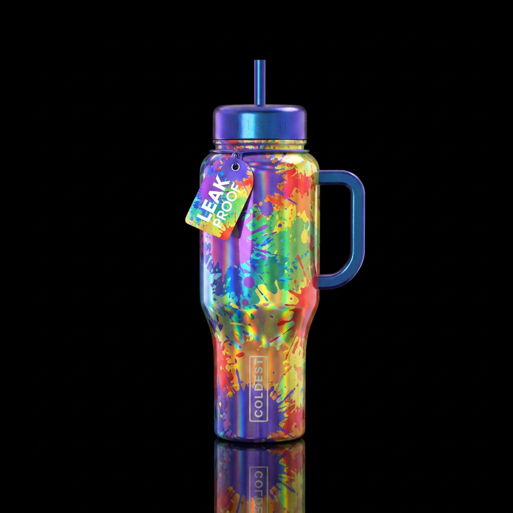 Rainbow paint splatter, holographic water bottle design