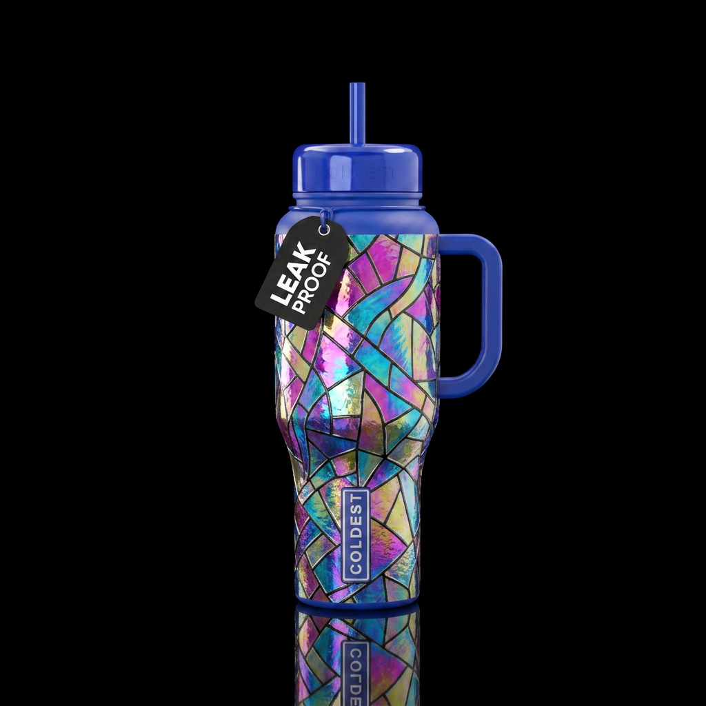 Holographic rainbow strained glass water bottle design