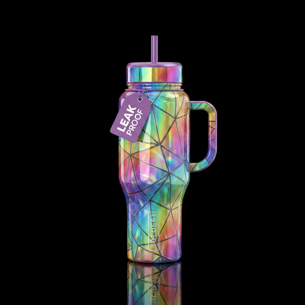 Holographic rainbow strained glass water bottle design