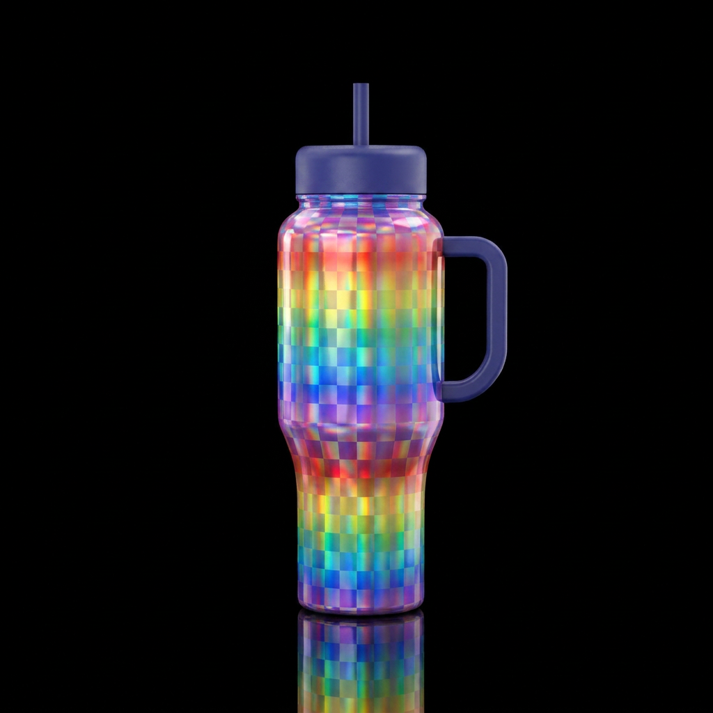 Checkered, rainbow, holographic water bottle design