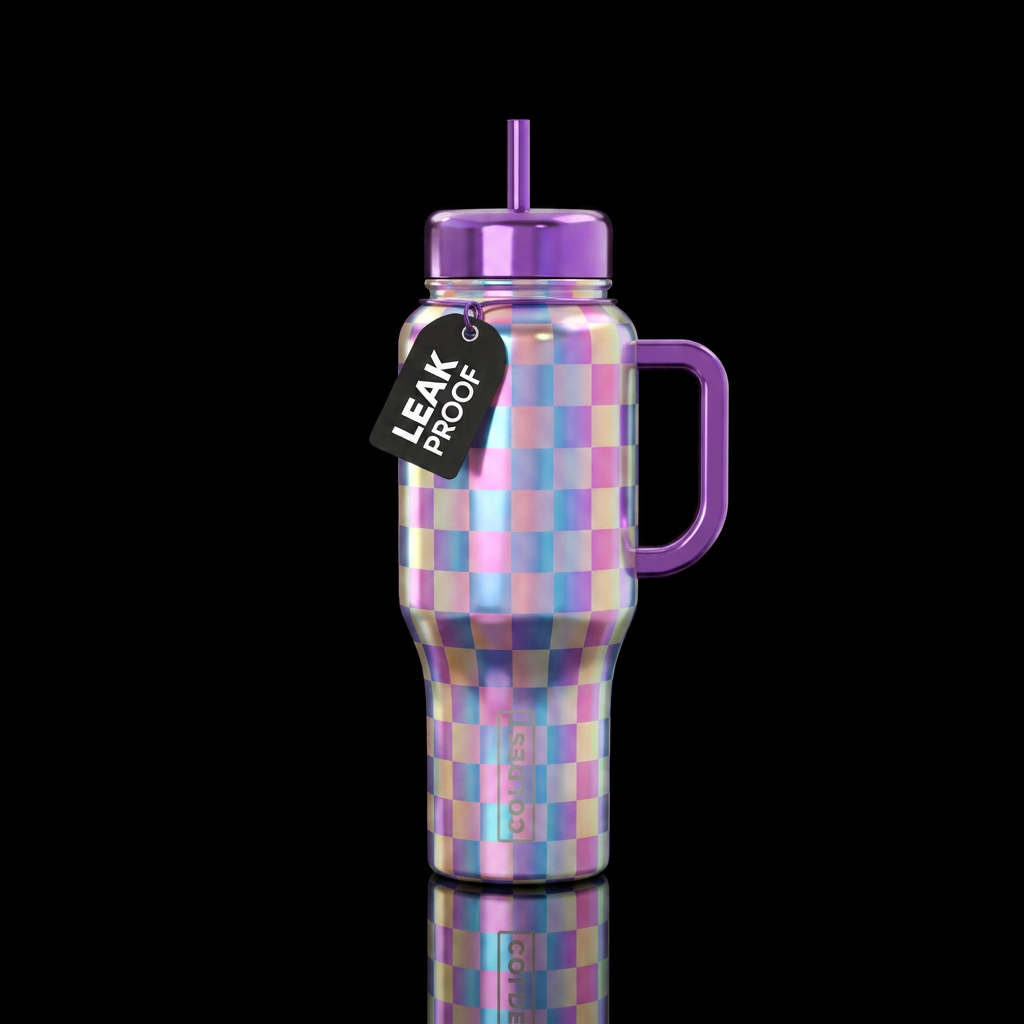 Checkered, rainbow, holographic water bottle design