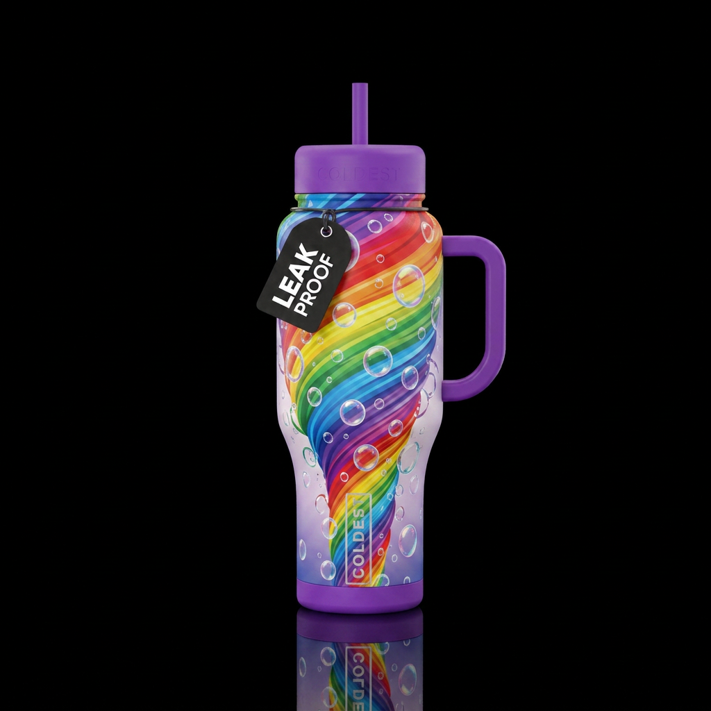 Rainbow, bubbles, tornado water bottle design