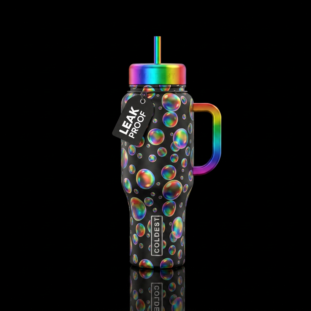 Rainbow holographic bubbles water bottle design