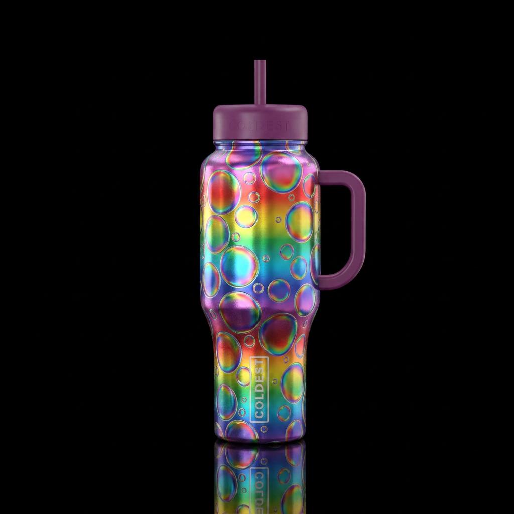 Rainbow metallic holographic bubbles water bottle design