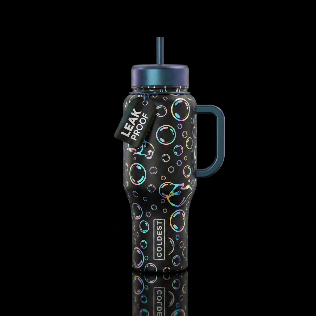 Rainbow metallic holographic bubbles water bottle design