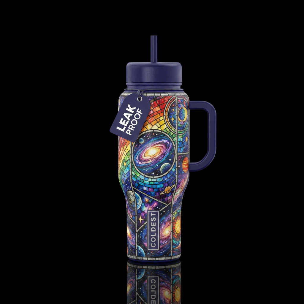 Rainbow, mosaic, stained glass, universe water bottle design
