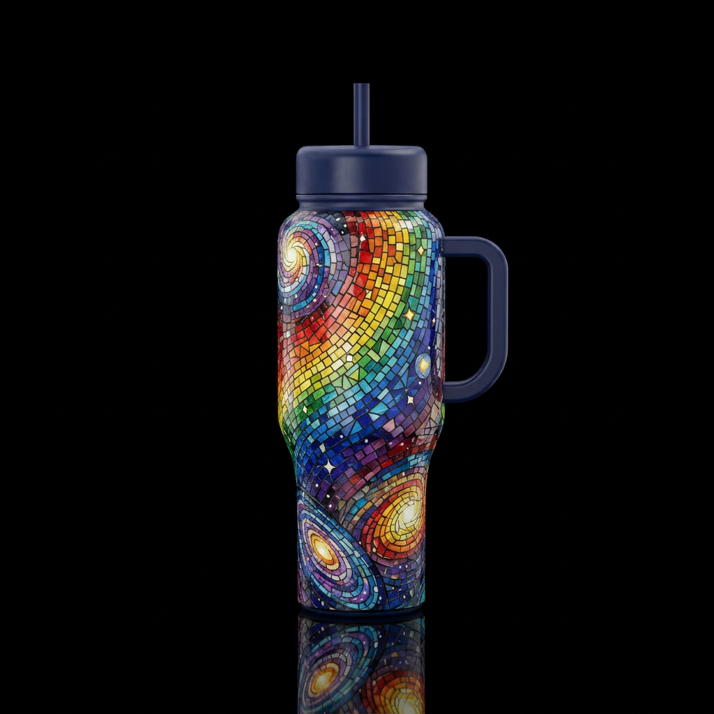 Rainbow, mosaic, stained glass, universe water bottle design