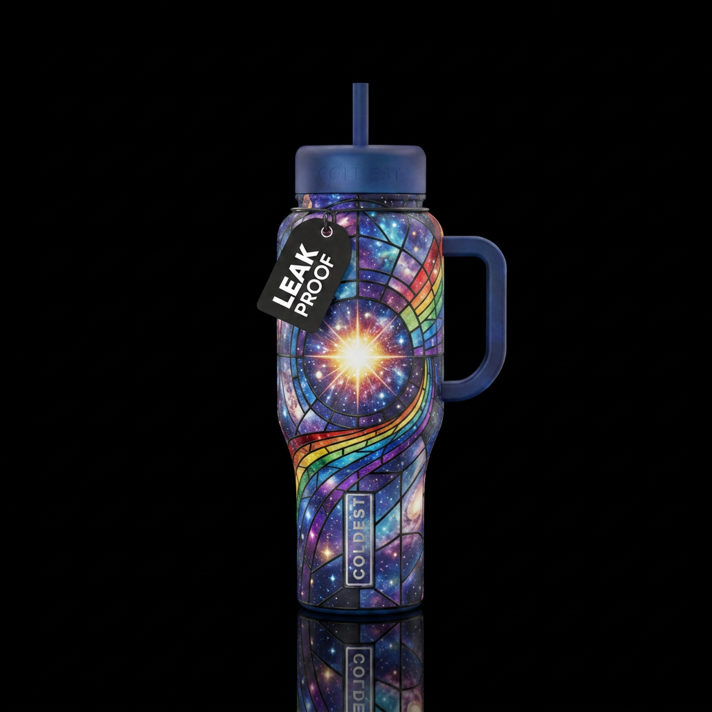 Rainbow, stained glass, stars, universe, big bang water bottle design