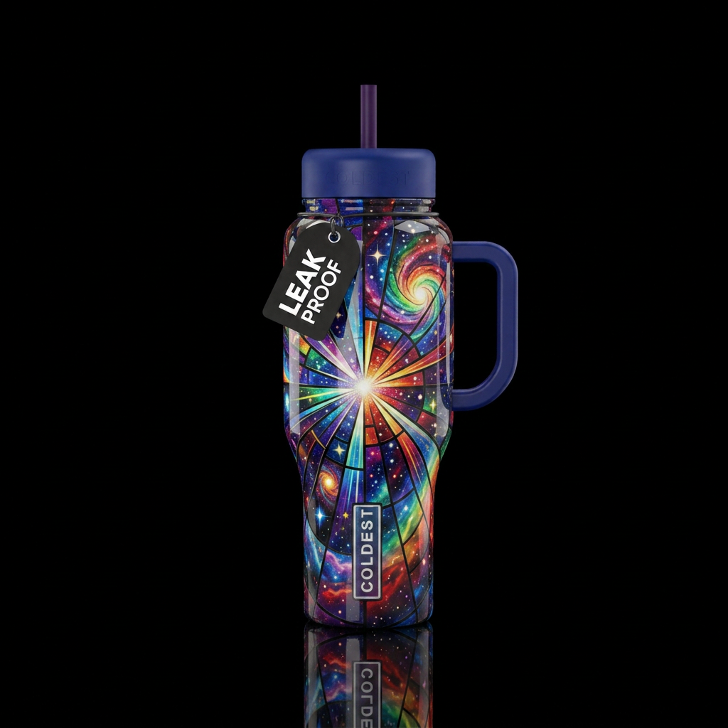 Rainbow, stained glass, stars, universe, big bang water bottle design