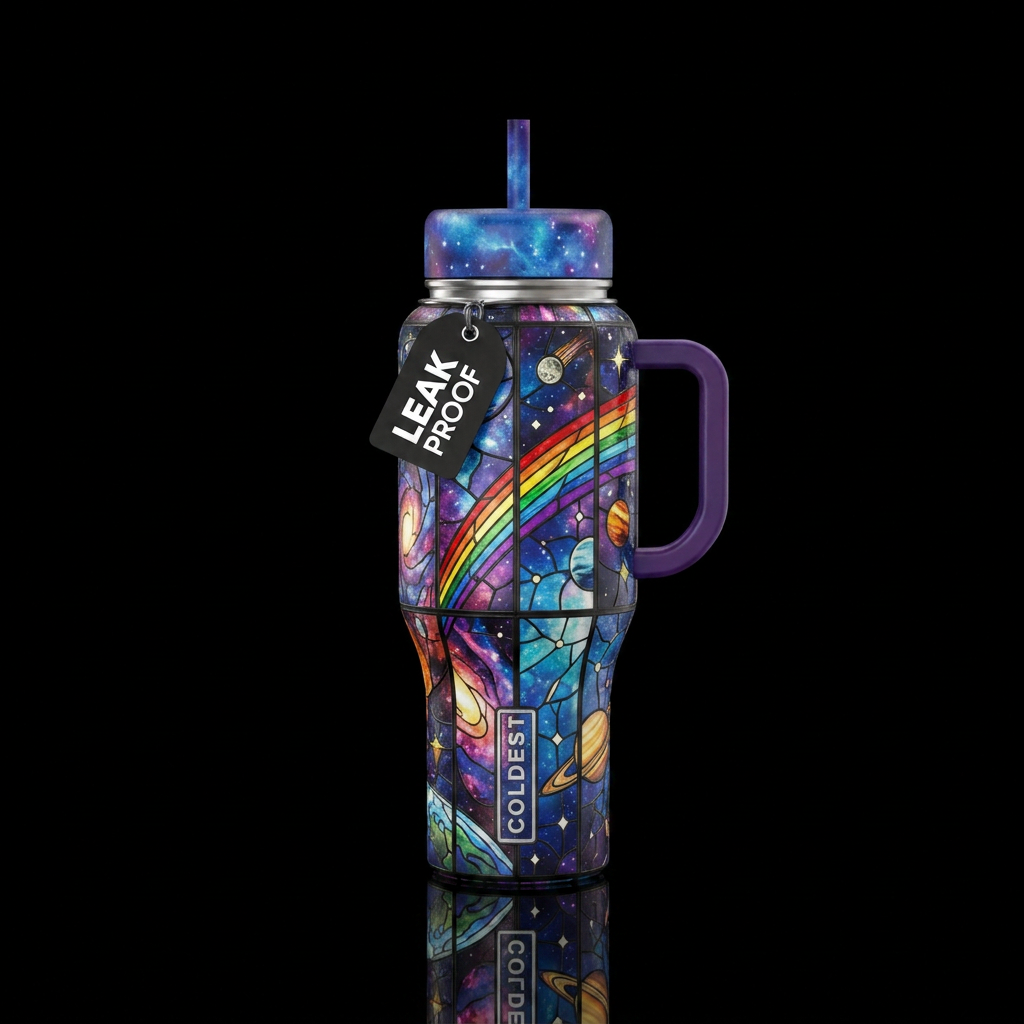 Stained glass, universe, big bang, stars, planets,... water bottle design