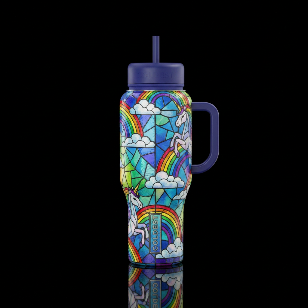 Rainbows, clouds, stained glass, unicorn water bottle design