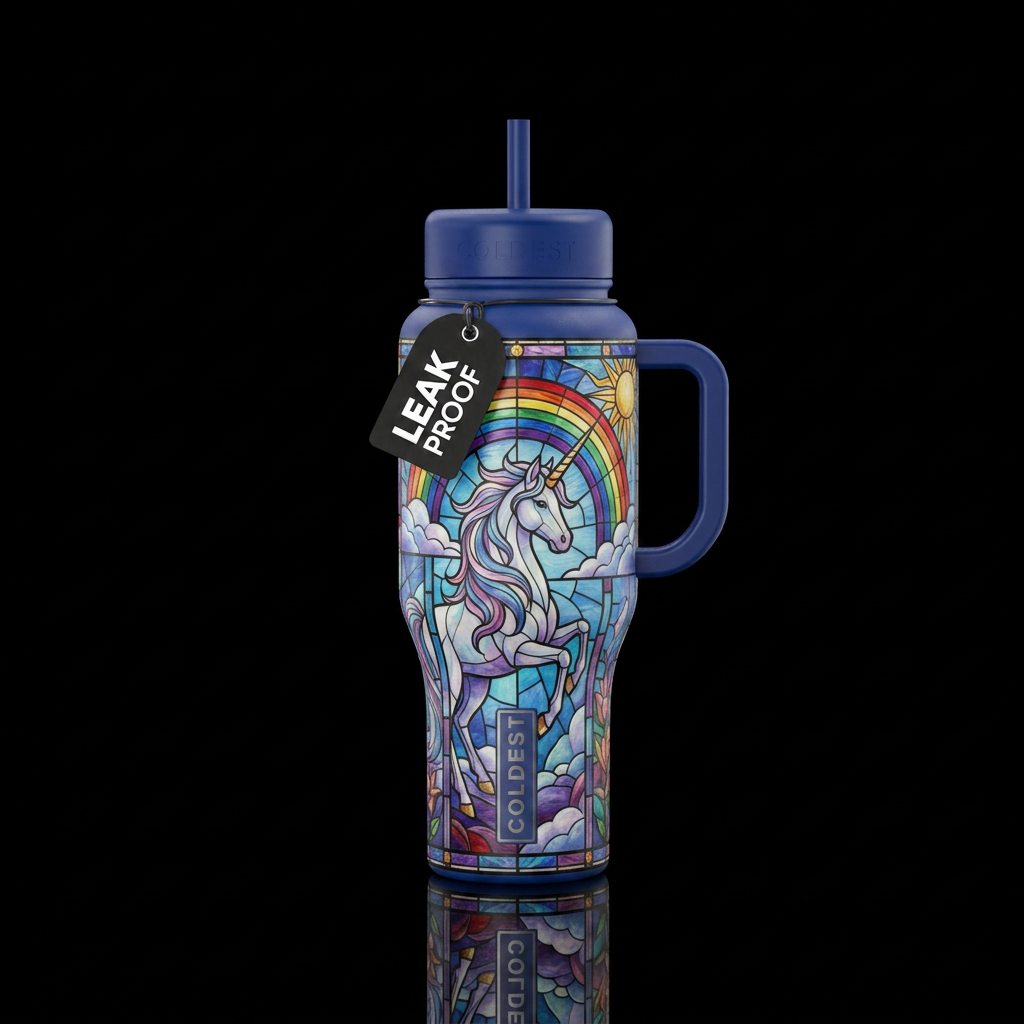 Rainbows, clouds, stained glass, unicorn water bottle design