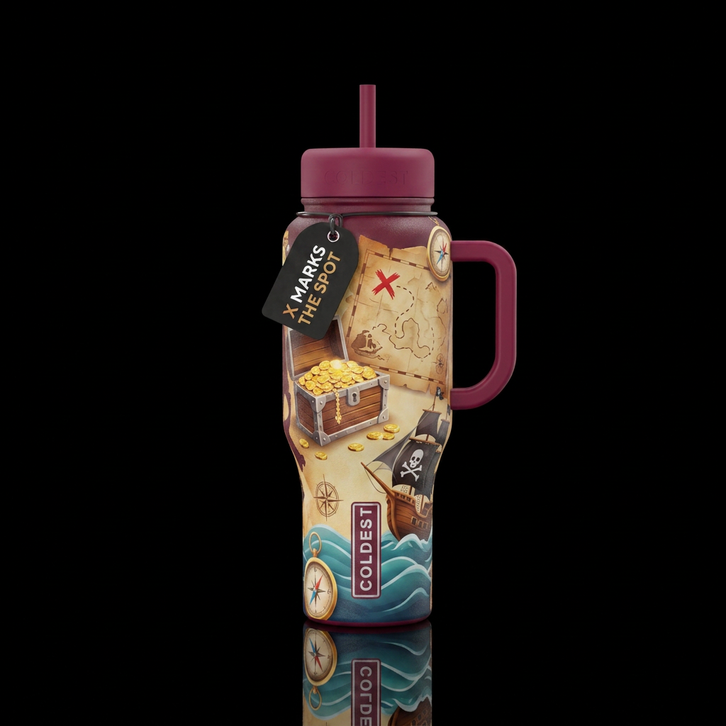 Treasure chest, treasure hunt, pirate ship, x mark... water bottle design