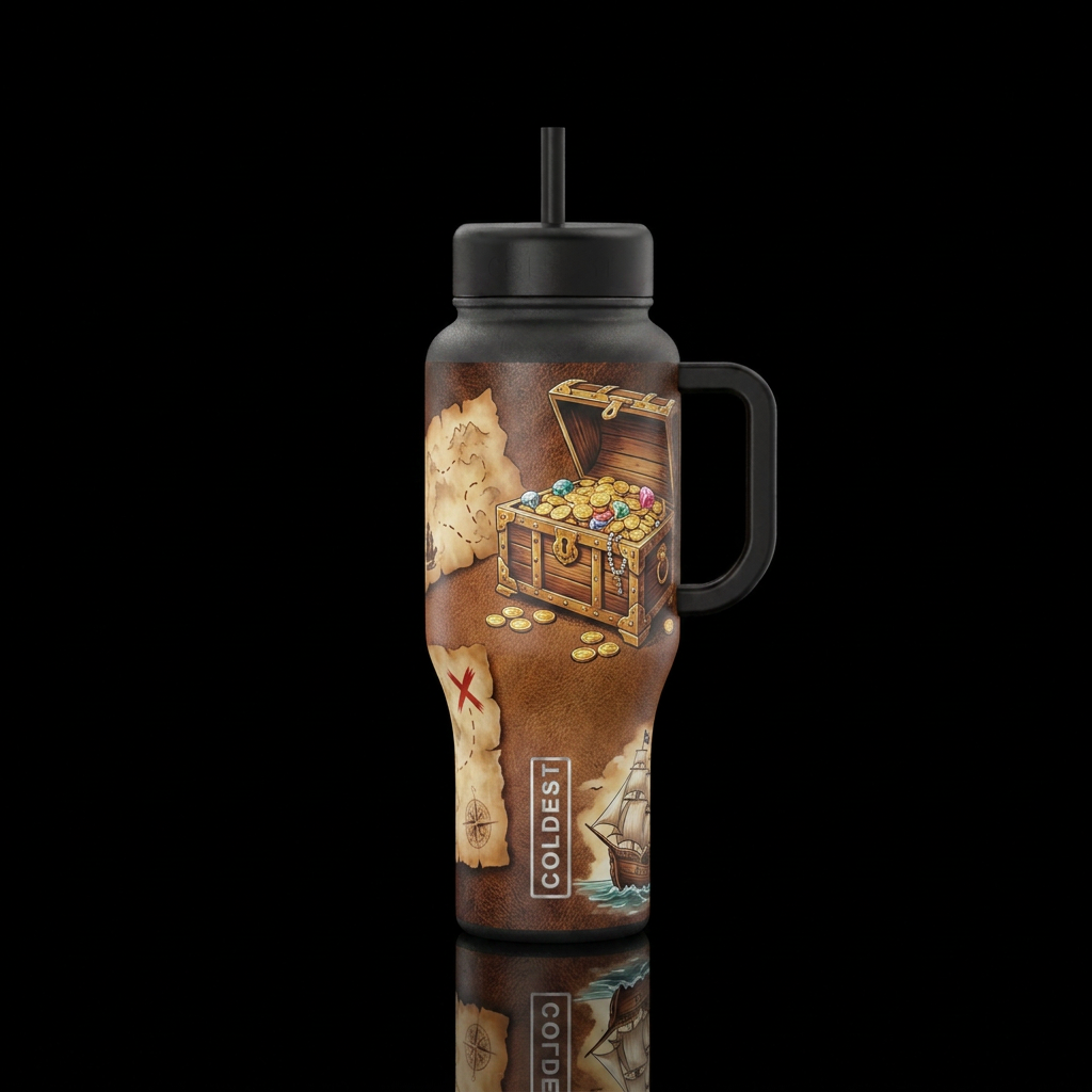 Treasure chest, treasure hunt, pirate ship, x mark... water bottle design