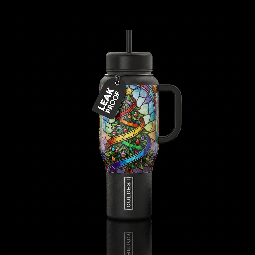 Christmas tree, ornaments, rainbow, stained glass water bottle design