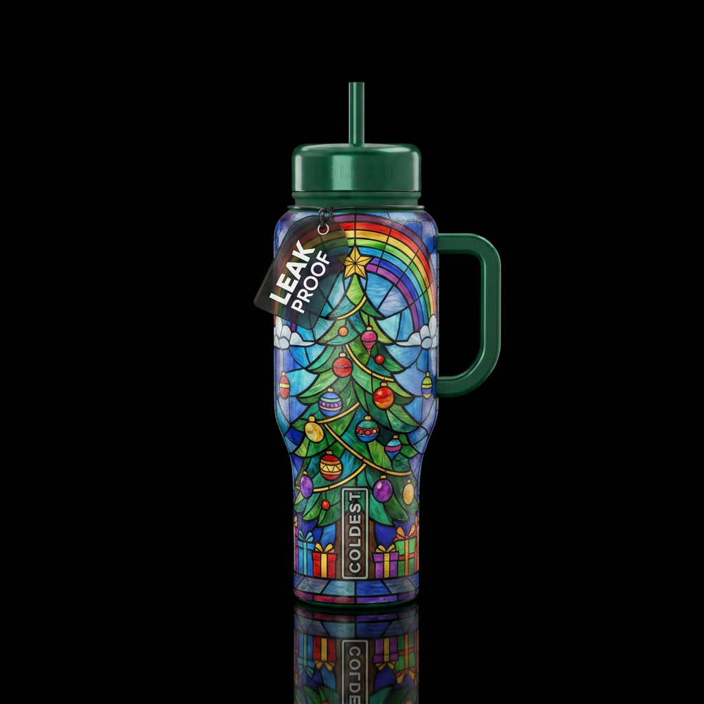 Christmas tree, ornaments, rainbow, stained glass water bottle design