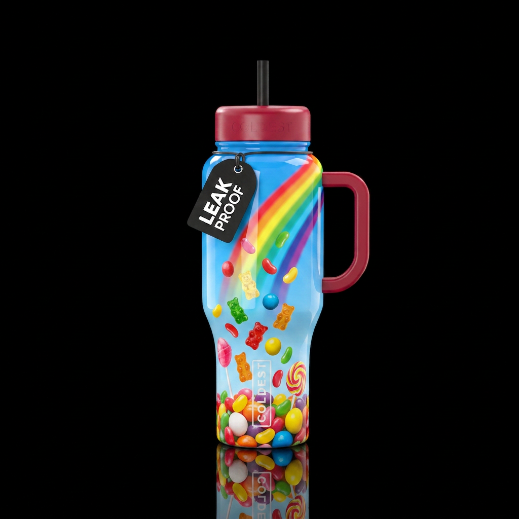 Candy falling from the sky, rainbow water bottle design