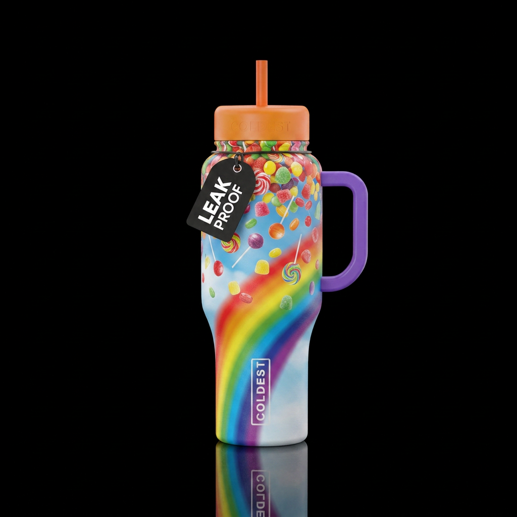Candy falling from the sky, rainbow water bottle design