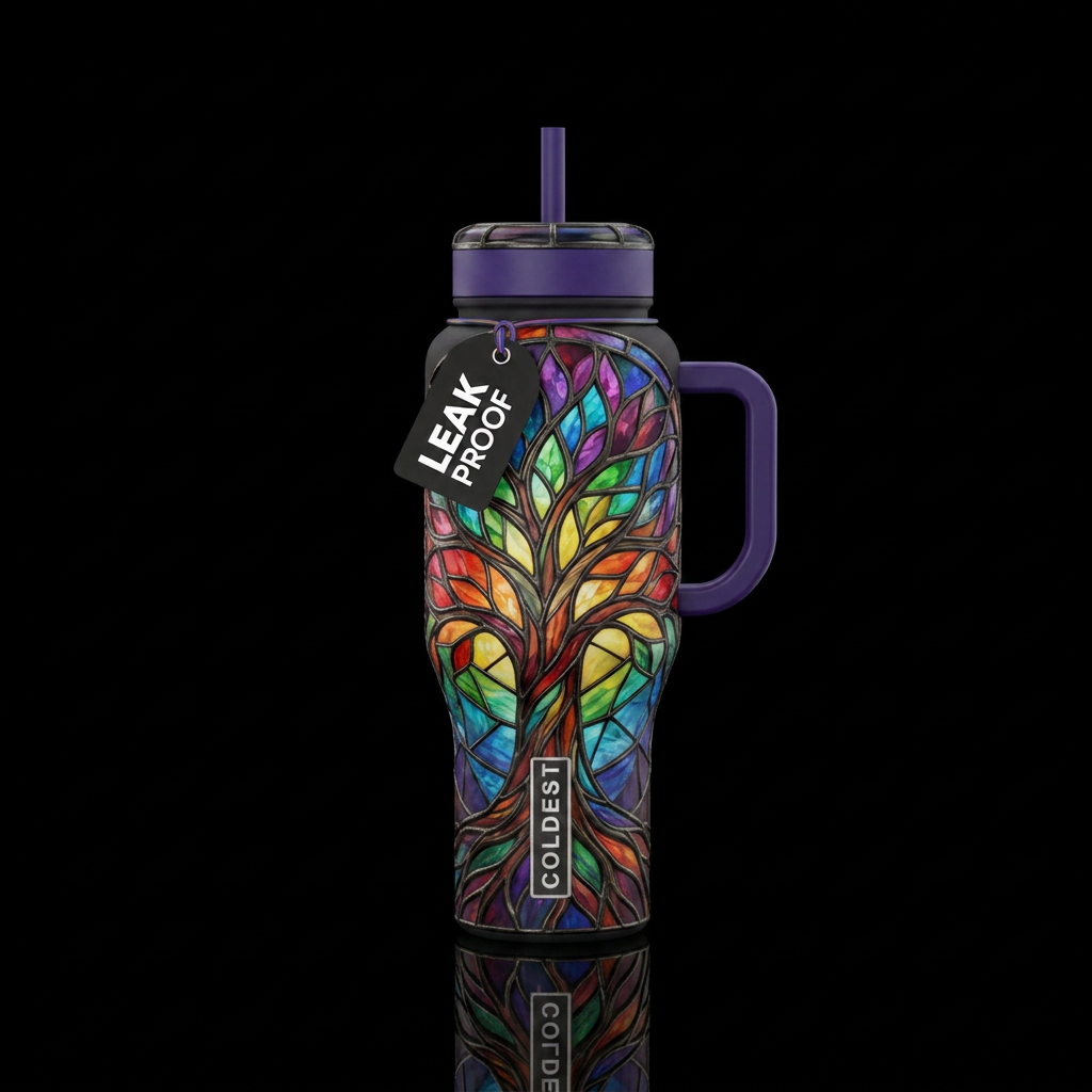 Rainbow stained glass tree of life water bottle design