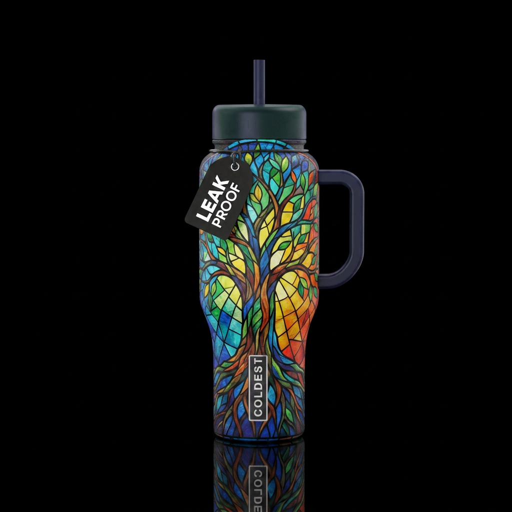 Rainbow stained glass tree of life water bottle design