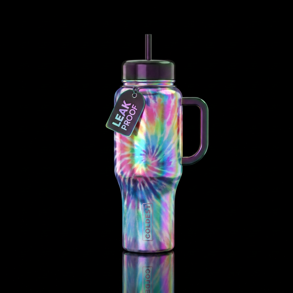 Tie dye, rainbow, oil slick water bottle design