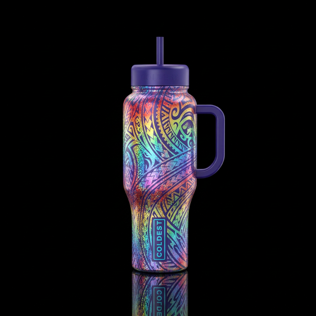 Holographic sparkle rainbow tribal water bottle design