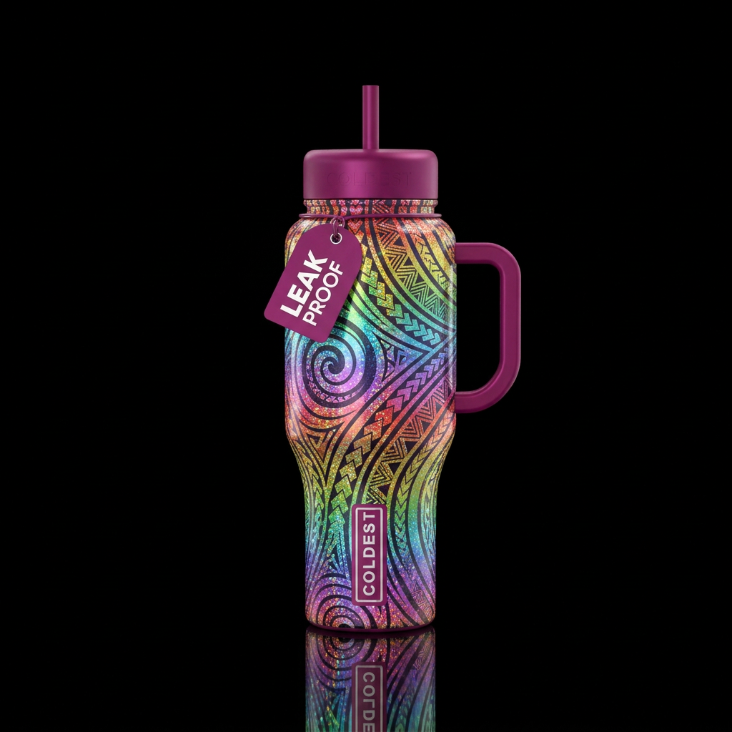 Holographic sparkle rainbow tribal water bottle design