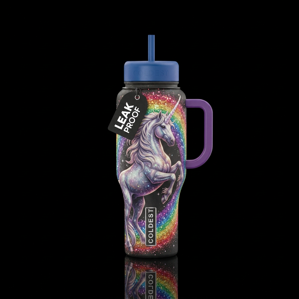 Majestic unicorn, rainbow, sparkling water bottle design