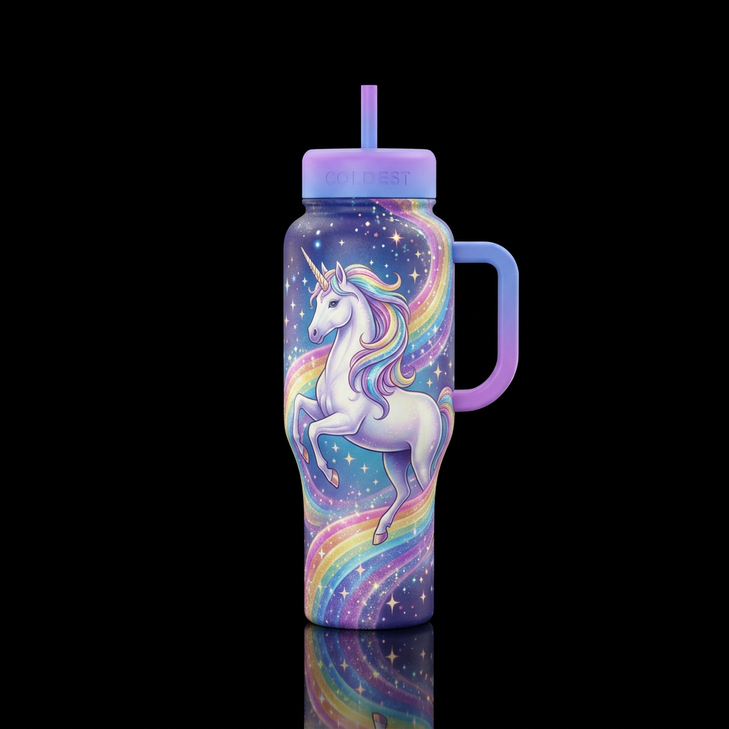 Majestic unicorn, rainbow, sparkling water bottle design