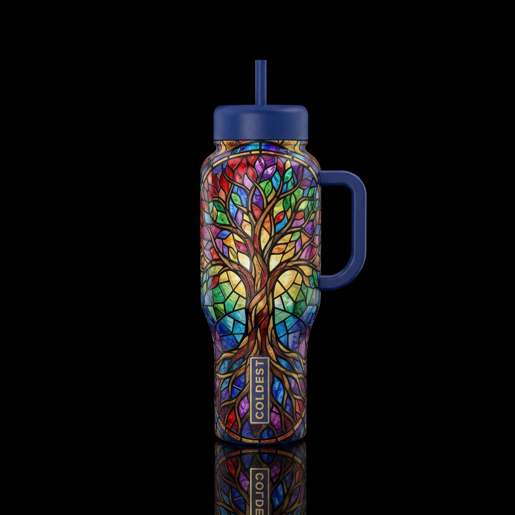 Rainbow stained glass tree of life water bottle design