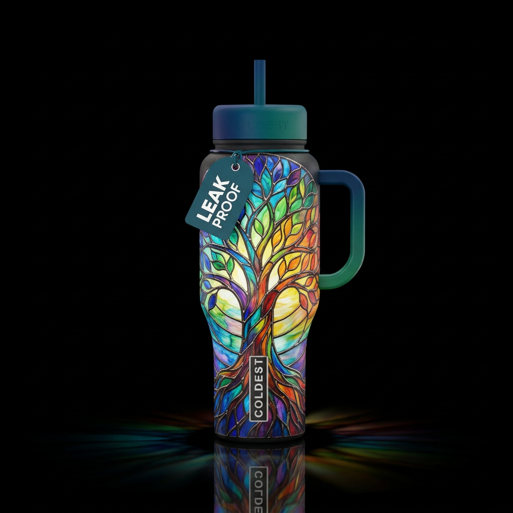 Rainbow stained glass tree of life water bottle design