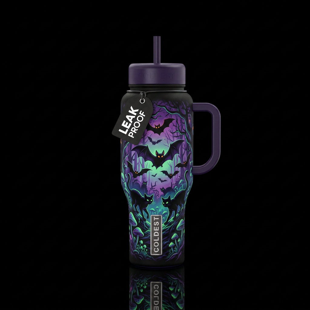 Bats and black cats with a dark snd eerie backgrou... water bottle design