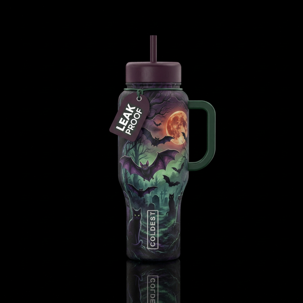 Bats and black cats with a dark snd eerie backgrou... water bottle design