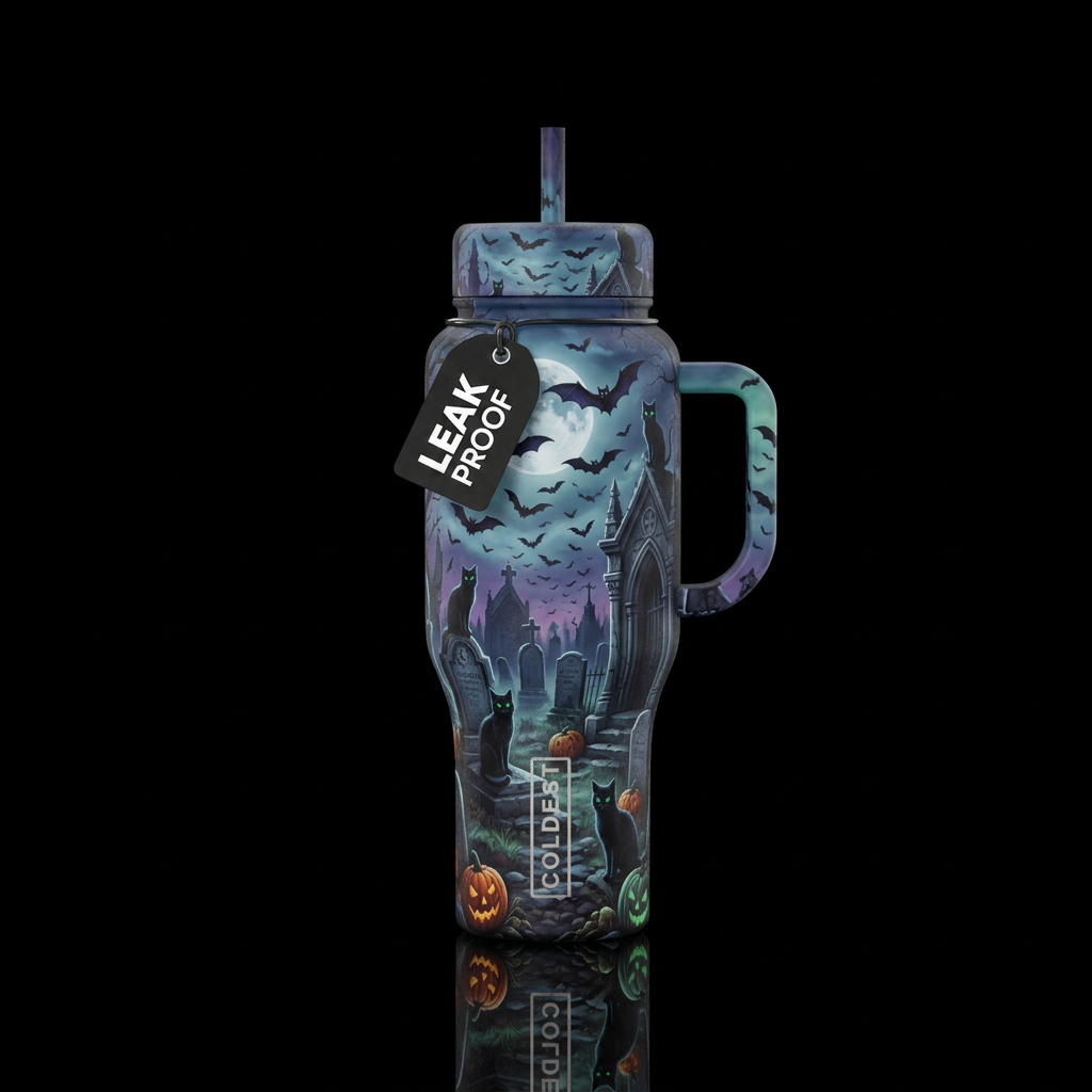Bats and black cats, dark and eerie setting, grave... water bottle design