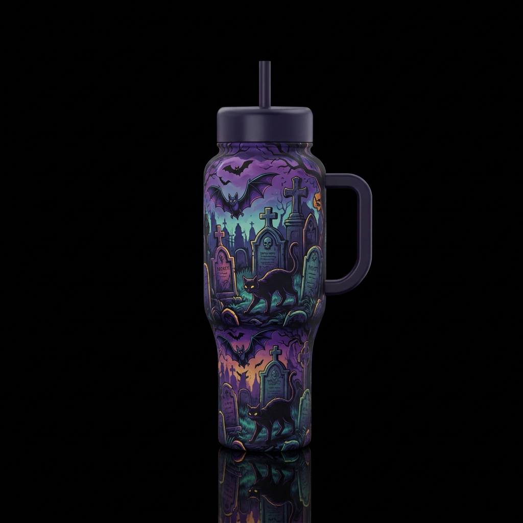 Bats and black cats, dark and eerie setting, grave... water bottle design