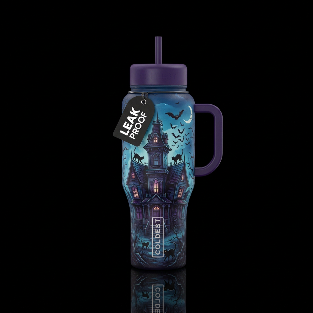 Bats and black cats, dark and eerie setting, haunt... water bottle design